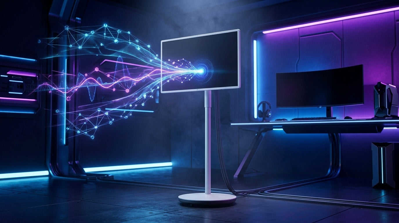 A futuristic 2026-style gaming setup featuring a high-end curved monitor and ambient lighting, with dramatic glowing holographic network links and pulsating latency waves in electric blue and purple representing Wi-Fi 7 Multi-Link Operation.