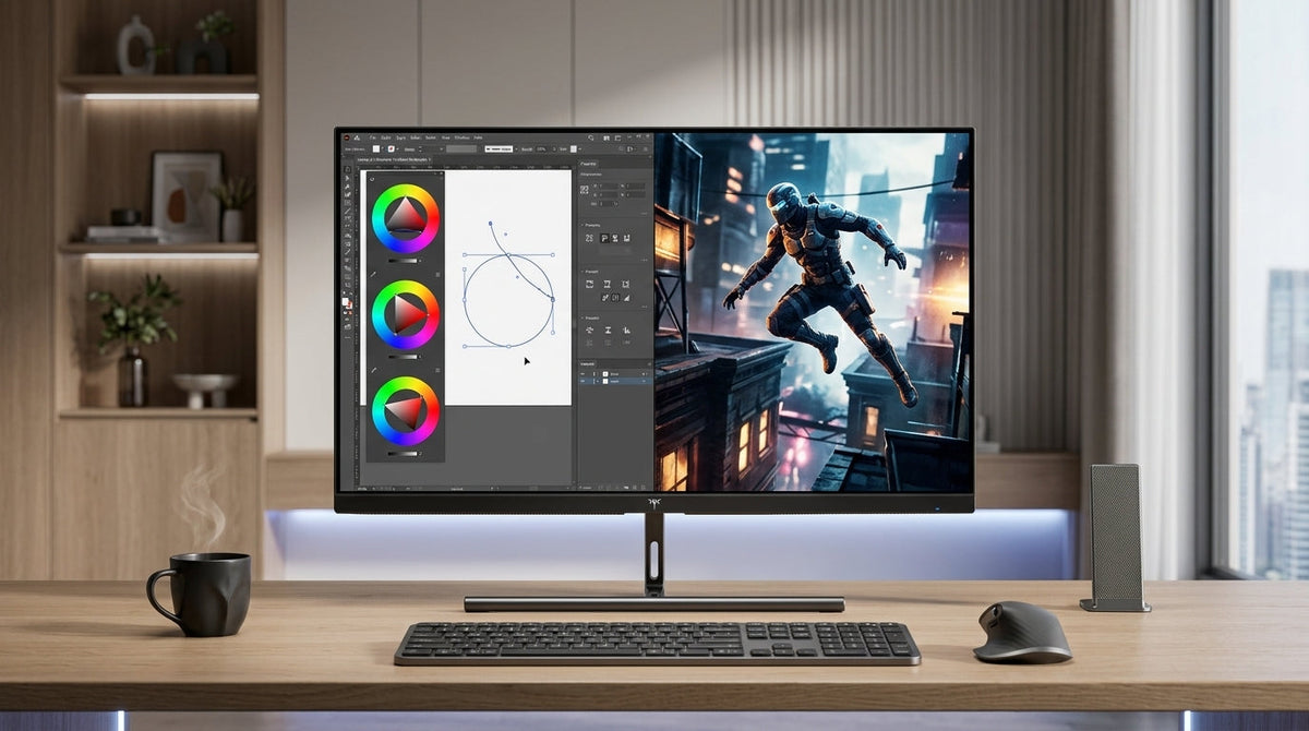 A futuristic 2026 home office setup featuring a high-end monitor displaying a split-screen of graphic design software and an HDR action game.