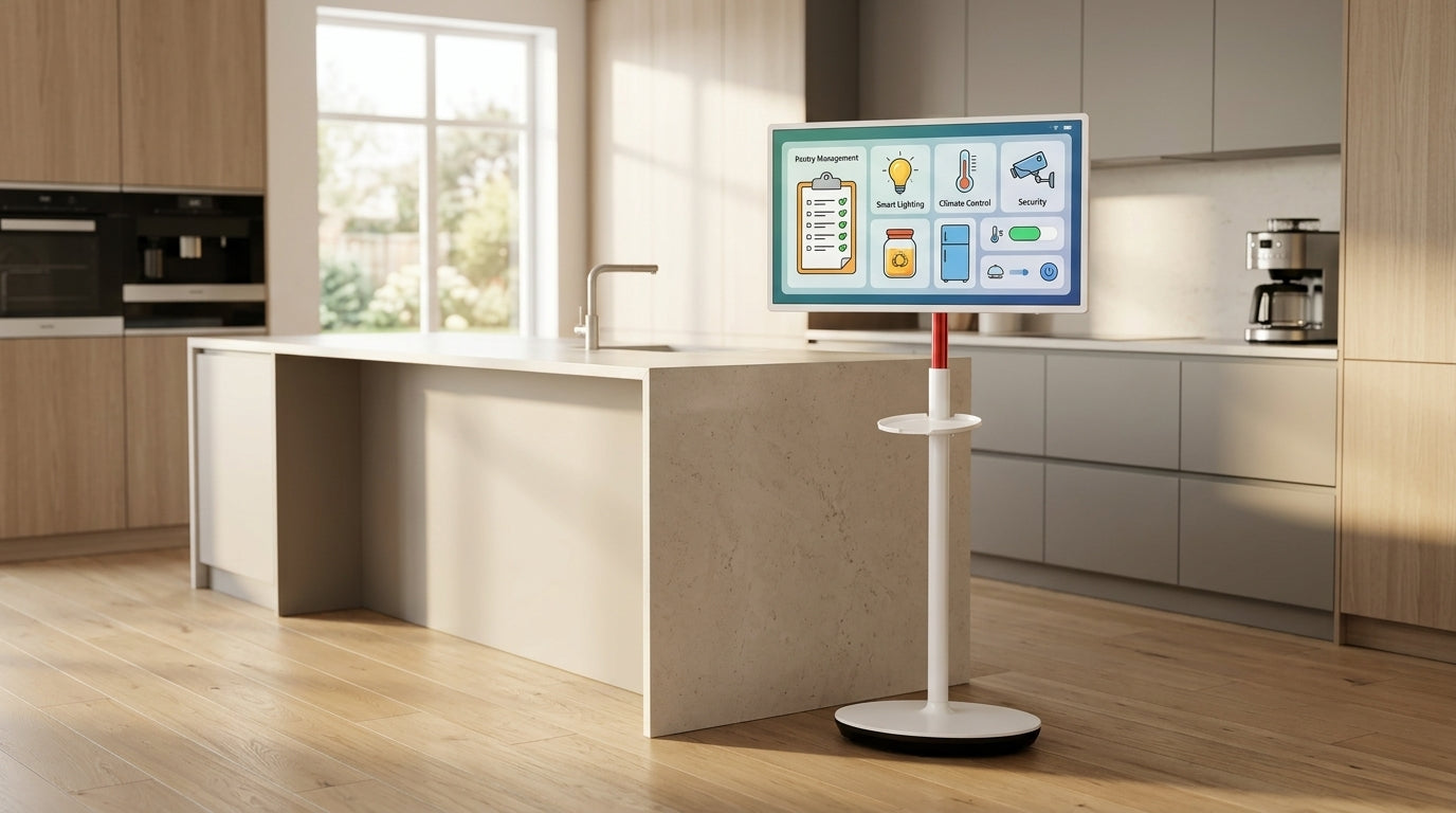 32-inch rolling smart display in a modern kitchen showing a pantry inventory dashboard.