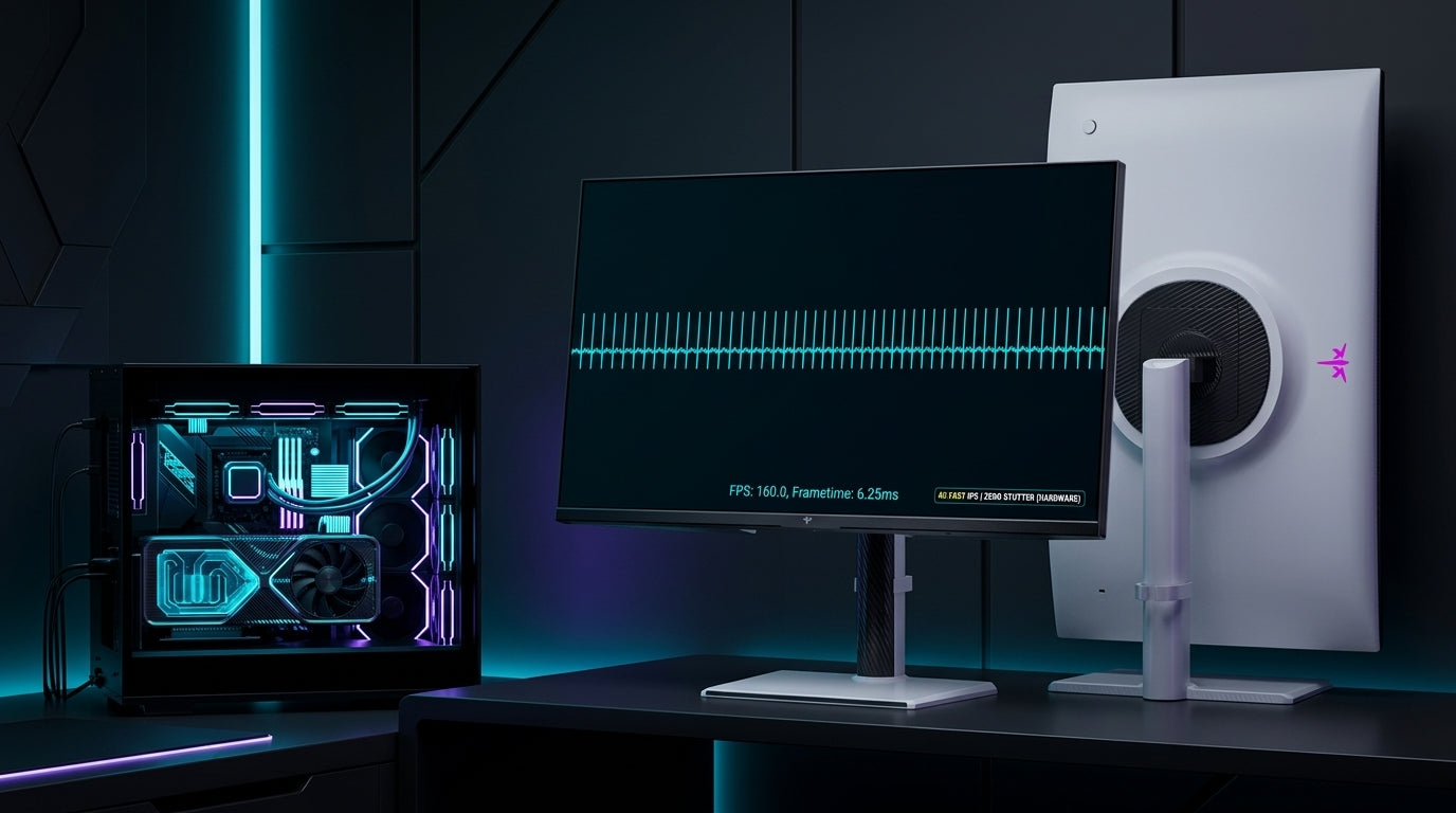 A high-tech 2026 gaming setup featuring a powerful GPU and a 4K monitor displaying a perfectly smooth frame pacing waveform.