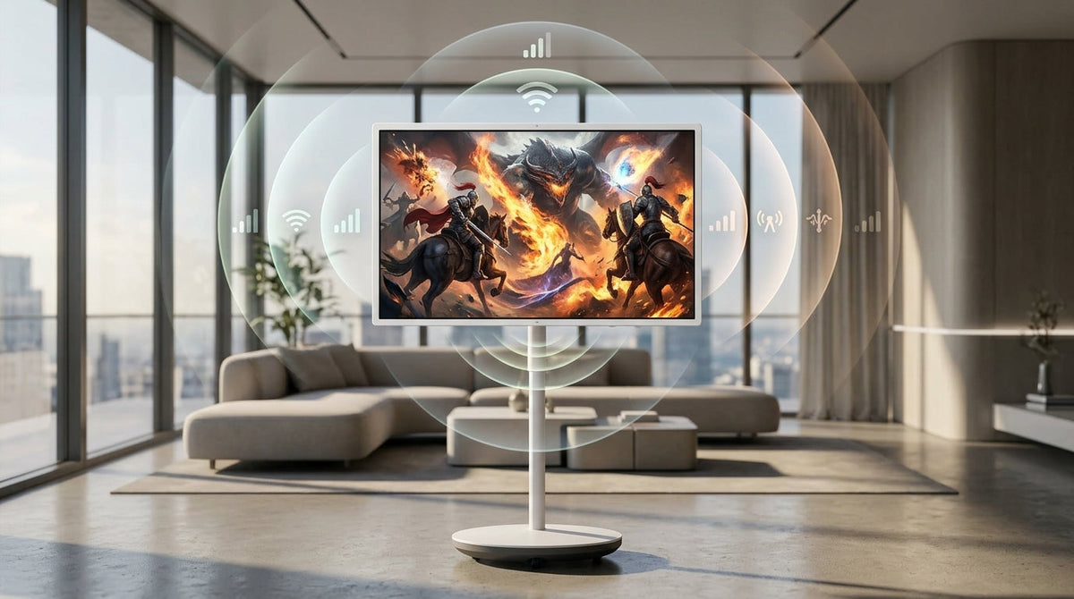 A futuristic rolling smart display in a modern living room showing a smooth cloud gaming session, with subtle multi-band wireless signal icons indicating Wi-Fi 7 MLO connectivity.