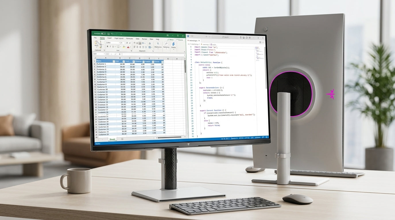 A high-end 27-inch professional monitor on a modern desk, displaying a split-screen view of a detailed spreadsheet and a code editor in a bright light-mode interface under soft office lighting.