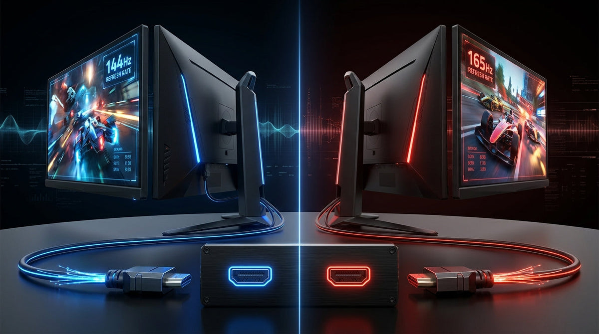 A conceptual split-screen comparison between high-bandwidth DisplayPort and HDMI standards, showing glowing blue and red cables connecting to high-end gaming monitors with digital refresh rate indicators.