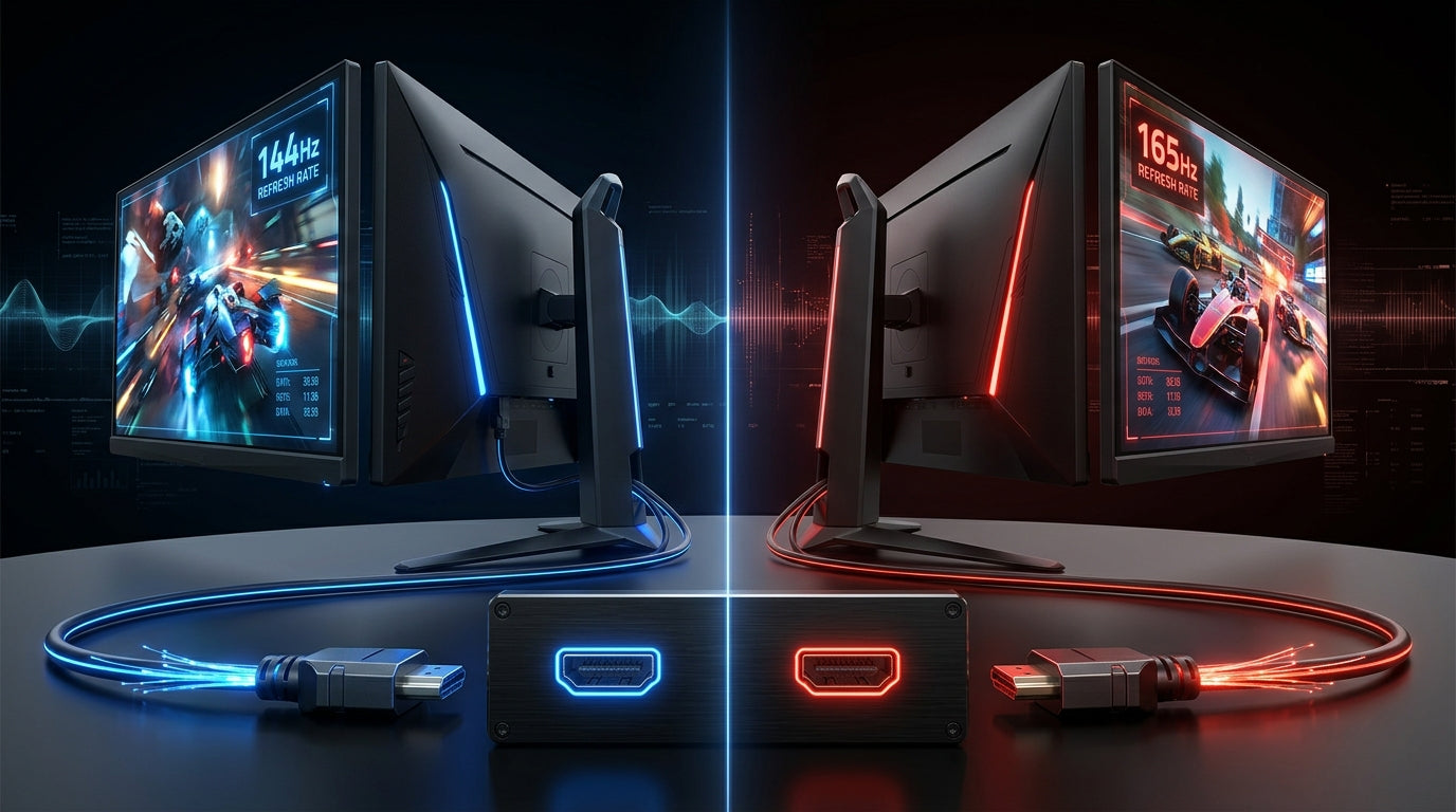 A conceptual split-screen comparison between high-bandwidth DisplayPort and HDMI standards, showing glowing blue and red cables connecting to high-end gaming monitors with digital refresh rate indicators.