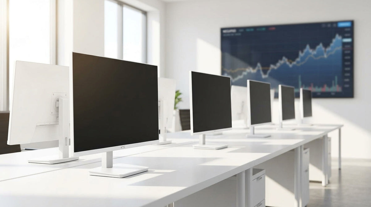 A modern, bright startup office featuring a row of identical sleek computer monitors on minimalist white desks, with blurred financial growth charts on a background screen.