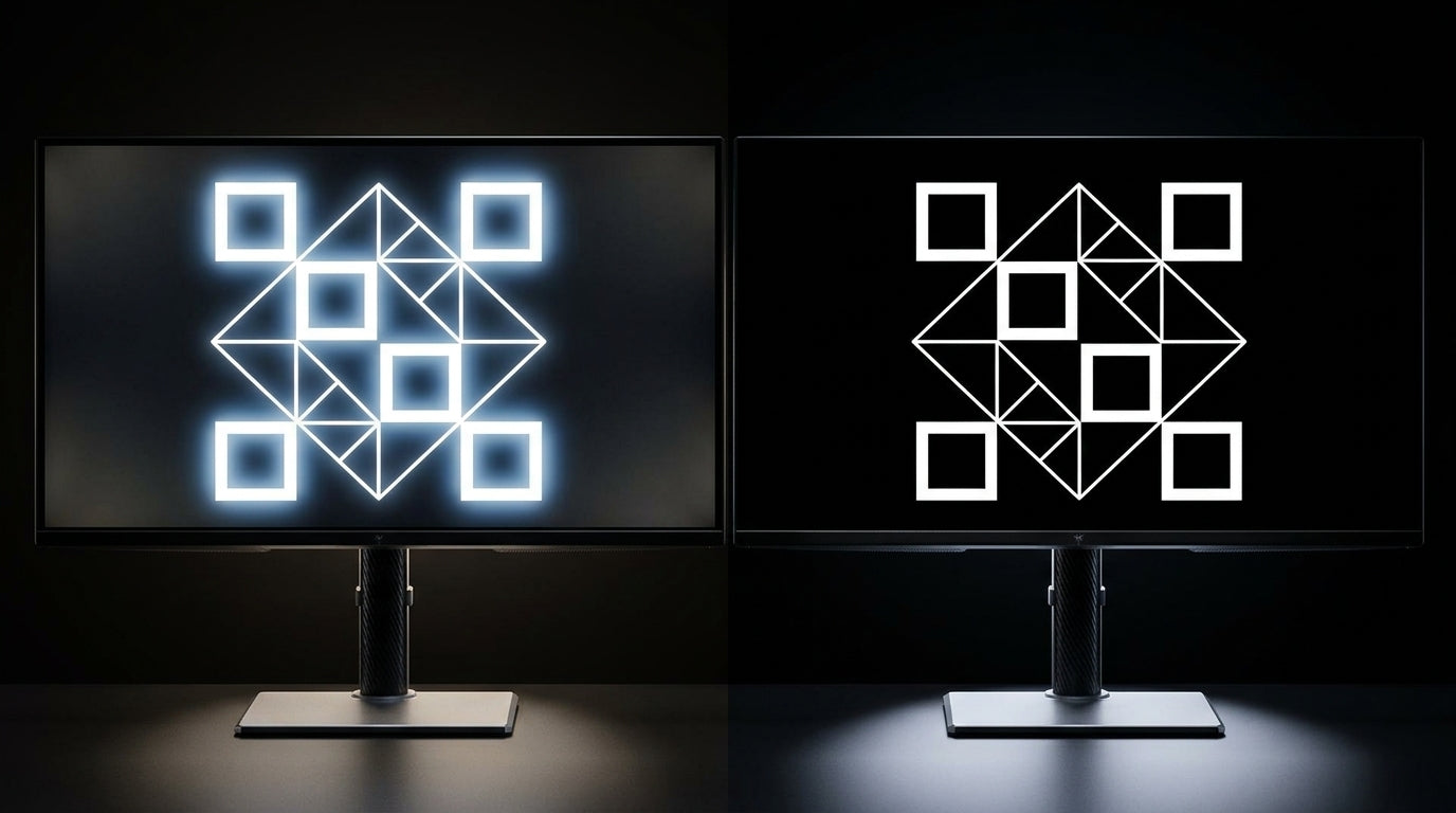 A split-screen comparison of a monitor in a dark room showing the difference between severe blooming with glowing halos on the left and clean, precise lighting on the right.