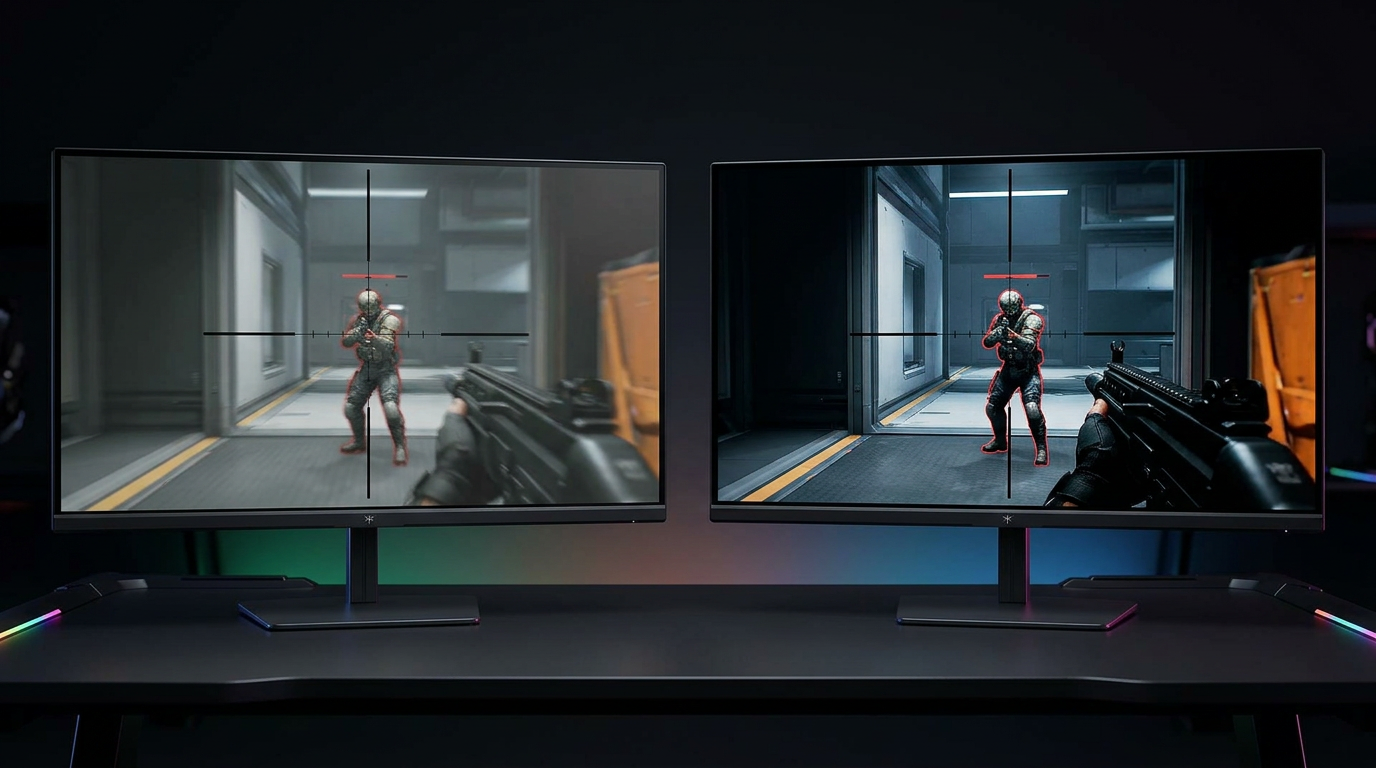 A dramatic side-by-side comparison of a high-refresh Fast IPS gaming monitor and a high-refresh OLED monitor on a professional esports desk with RGB lighting, showing sharp crosshair tracking in a fast-paced game.