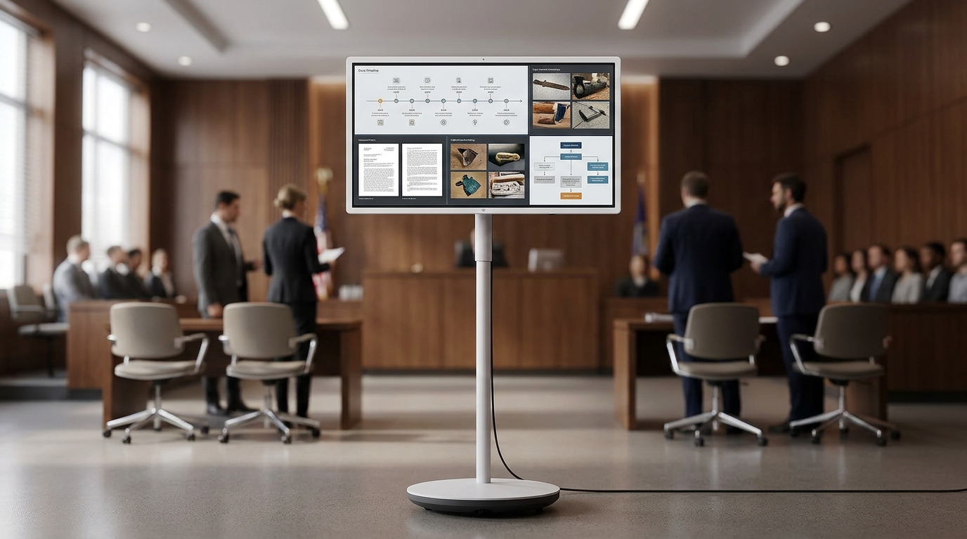 A professional rolling smart touch display in a modern courtroom setting, showing digital evidence on screen with a judge's bench in the blurred background.