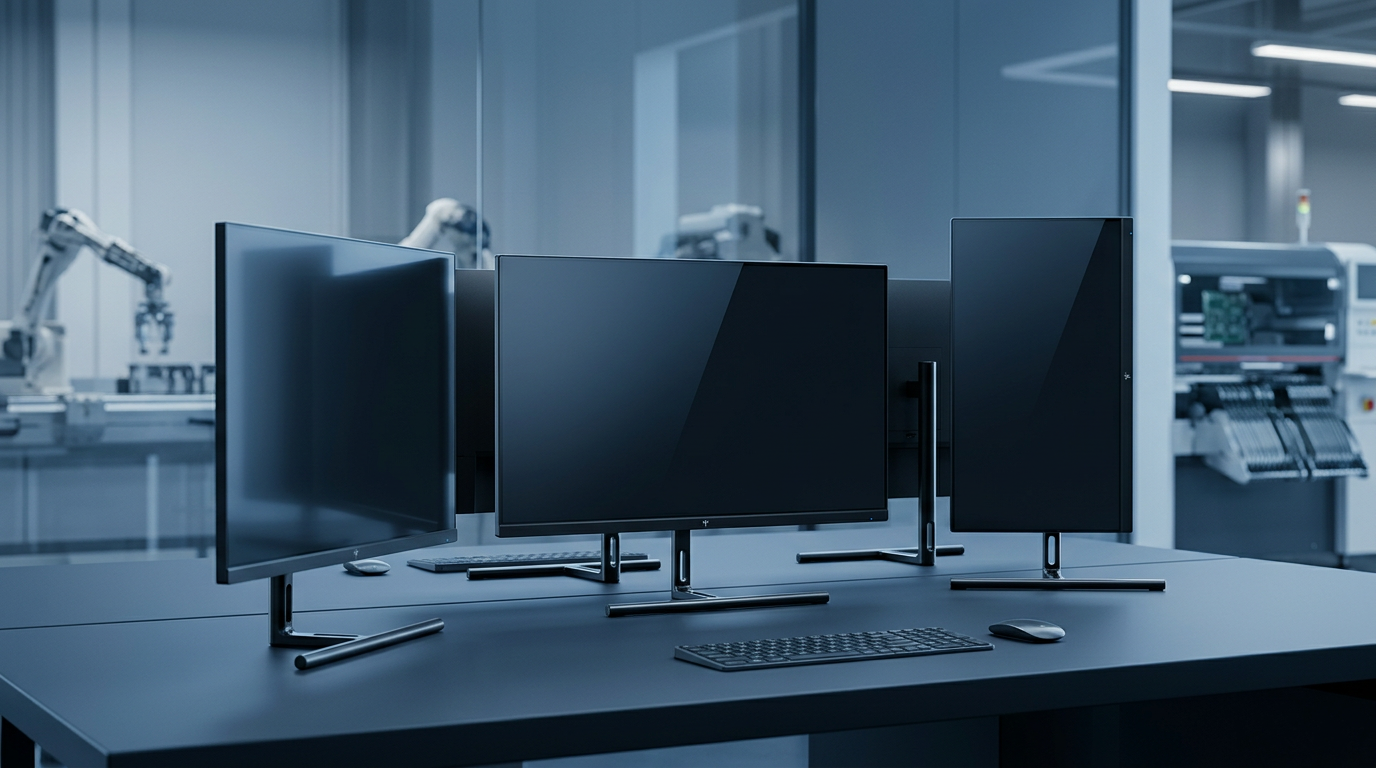 Professional creative studio with multiple high-end monitors and industrial background.