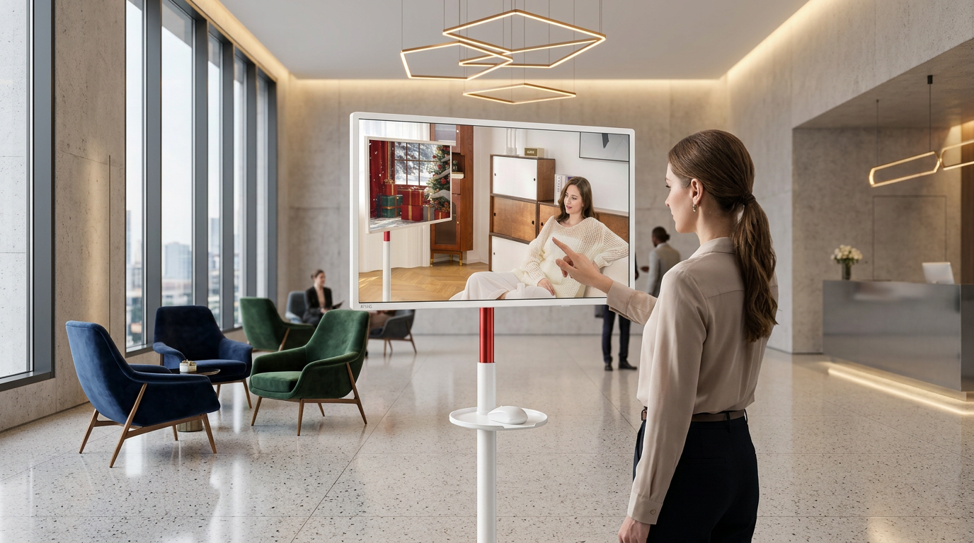 Rolling smart display used as mobile concierge in hotel lobby 2026