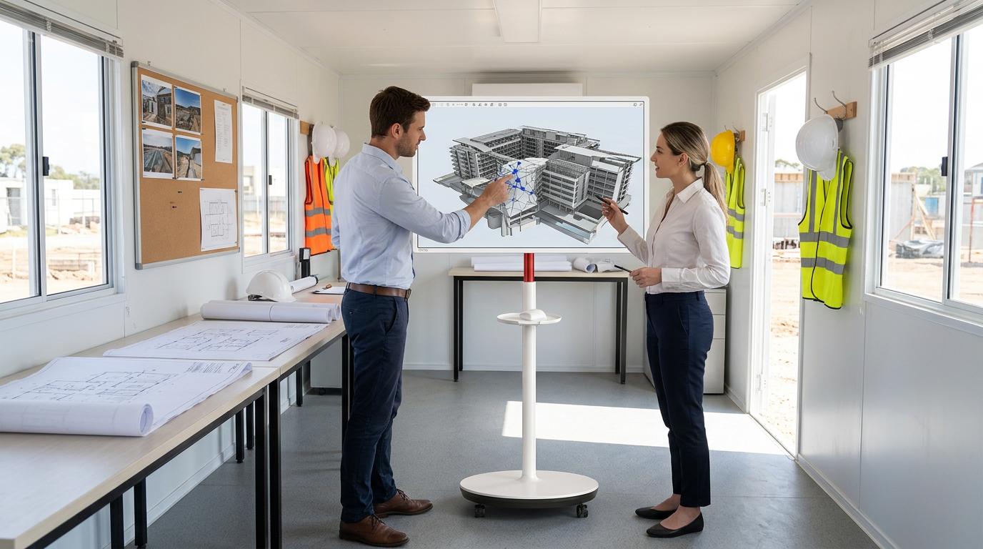 Architects collaborating over a 3D BIM model on a large mobile touch monitor in a professional site trailer.