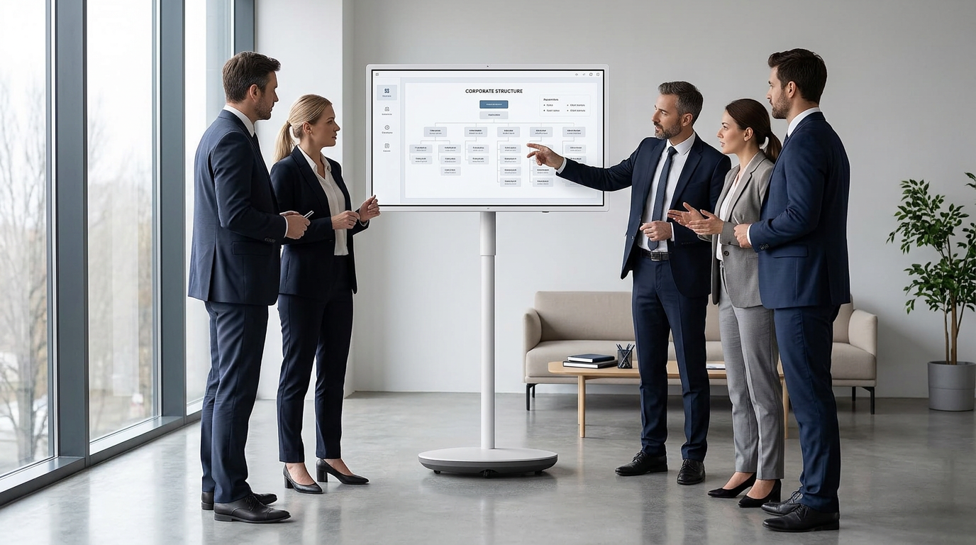 A large touchscreen display on a sleek mobile rolling stand in a bright, modern legal mediation room. Professionals in business attire are gathered around the screen, reviewing digital documents in a neutral, professional breakout environment.