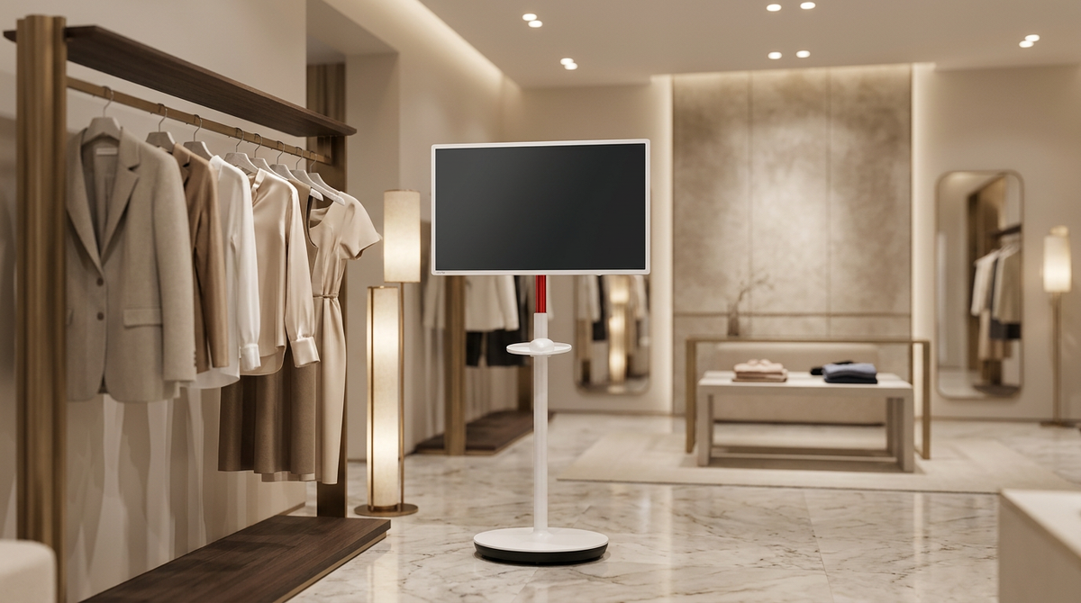 A large mobile touch-screen monitor on a rolling stand in a luxury fashion showroom setting.