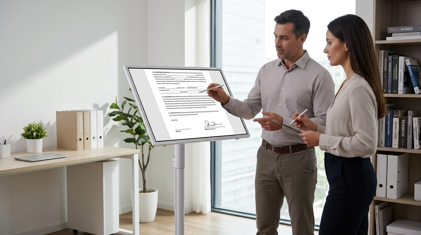 A professional notary using a large rolling touchscreen display as a digital lectern during an in-home signing session with a client.