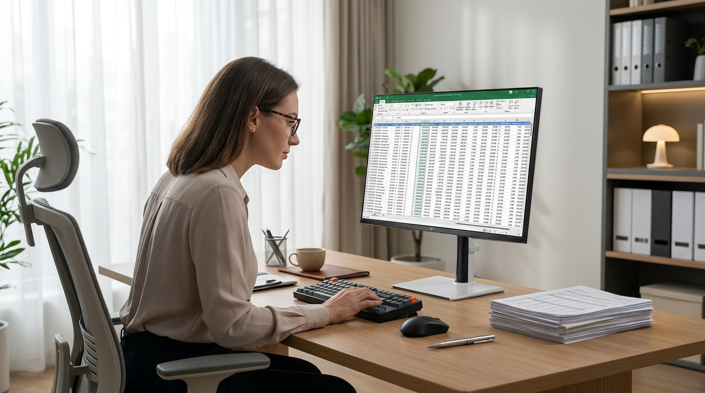 A professional accountant working in a modern home office, focused on a high-end monitor displaying a complex financial spreadsheet.