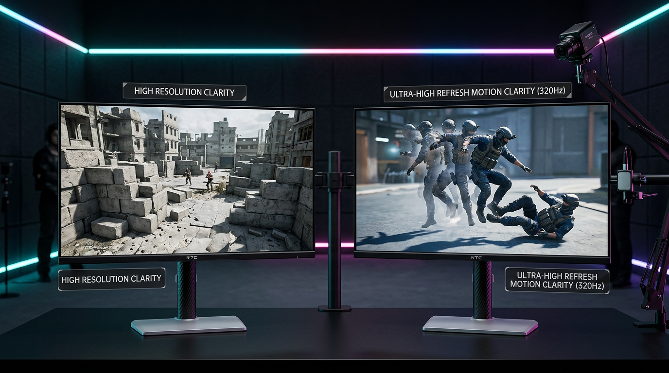 Comparison of a sharp high-resolution monitor scene and a fast high-refresh motion scene.