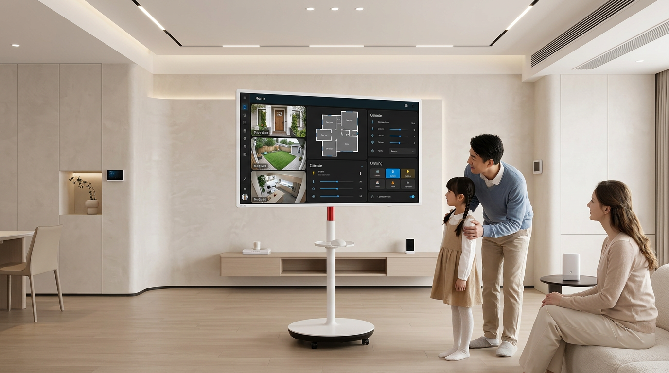 A large rolling smart display serving as a mobile smart home dashboard in a modern living room.