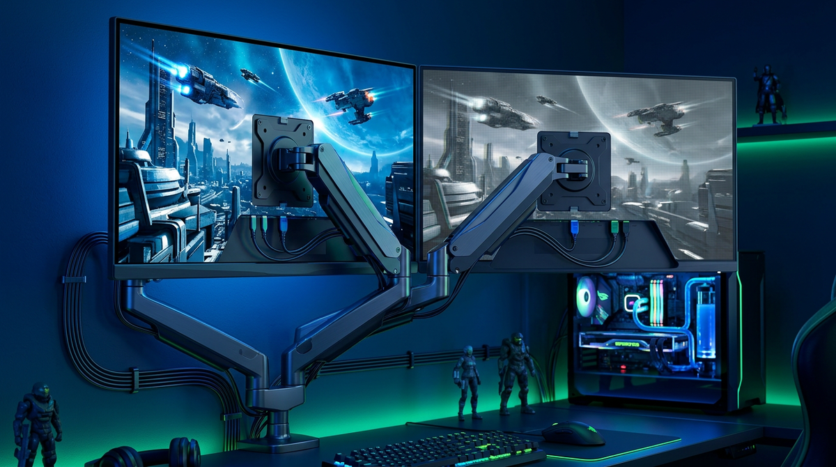 A cinematic side-by-side comparison of two high-end gaming monitors in a dark room with blue and green lighting, illustrating the difference in signal stability and performance.