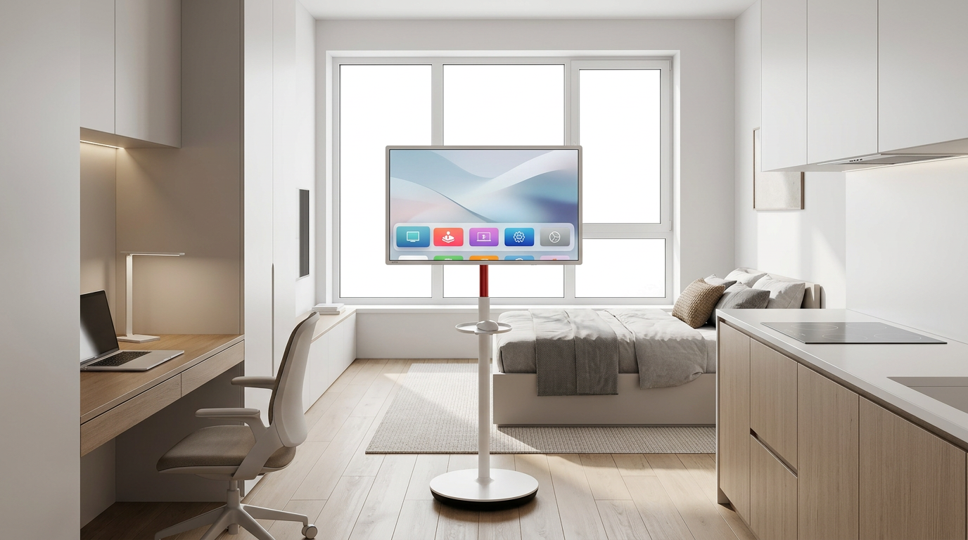 A modern micro-apartment interior showing a mobile smart screen on wheels being used in a multi-functional living space.