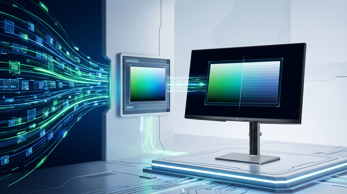 A dramatic technical illustration showing a 12-bit digital signal path flowing into a 10-bit monitor panel, contrasting smooth color gradients with stepped banding in a futuristic, abstract data flow style.