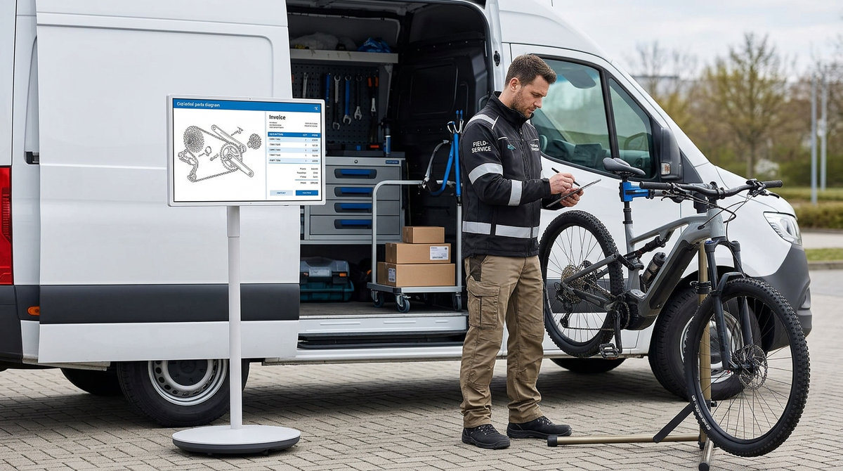 A technician using a rolling touch display beside a bike repair van with parts diagrams on screen.