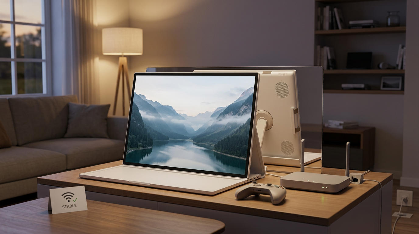 A living-room cloud gaming setup with a smart display and a router, illustrating wireless stability tuning.