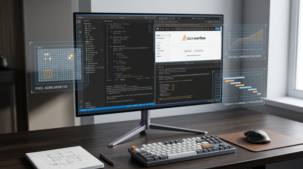 OLED monitor on a desk with static code windows and visible voltage-related longevity concept graphics