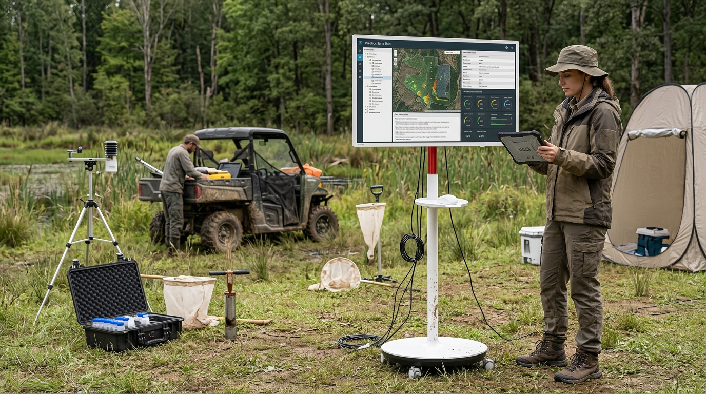 A rolling 32-inch 4K display used as a field research dashboard in a temporary ecological survey camp