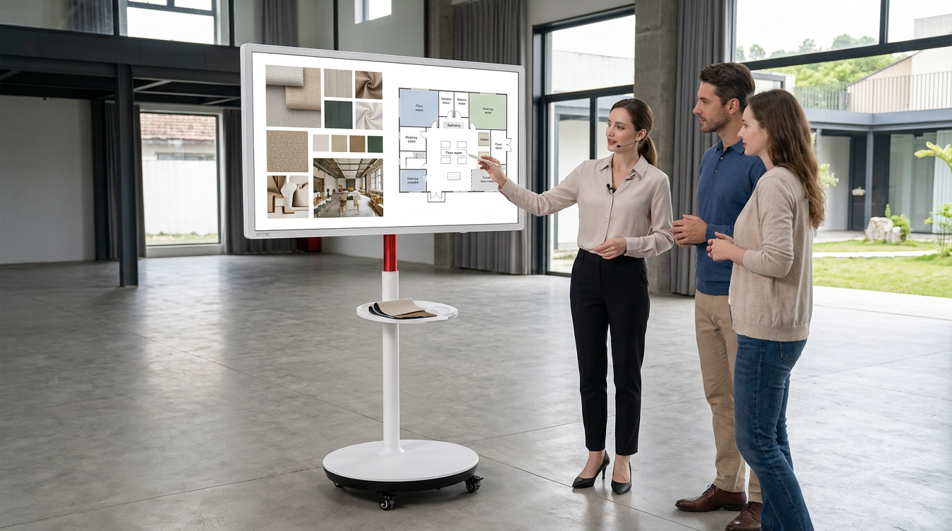 Rolling portable smart display used by an event planner during a client walkthrough