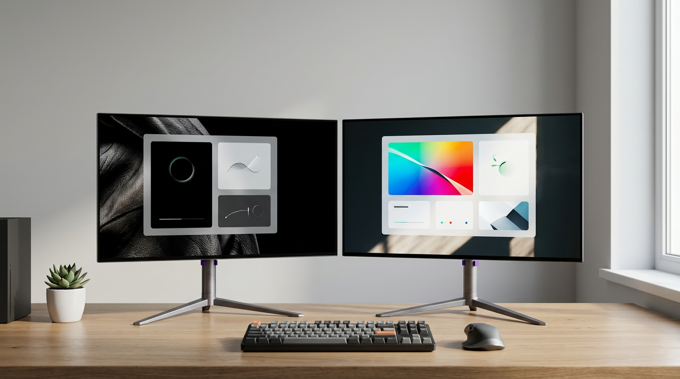 A neutral desk setup showing a modern gaming monitor comparison with OLED and Mini-LED visual cues