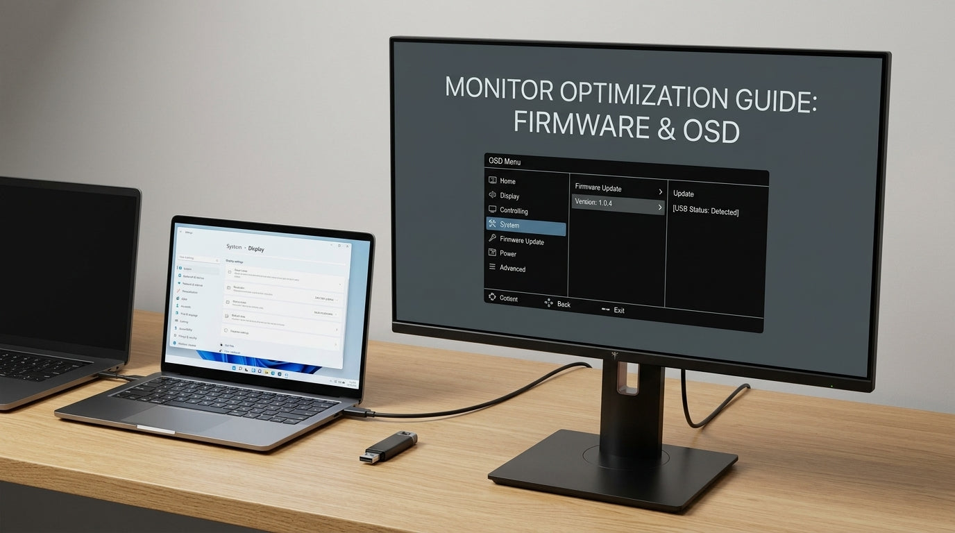 A clean technical desk setup showing a monitor OSD menu, a USB drive, and a Windows display settings screen for firmware update verification.