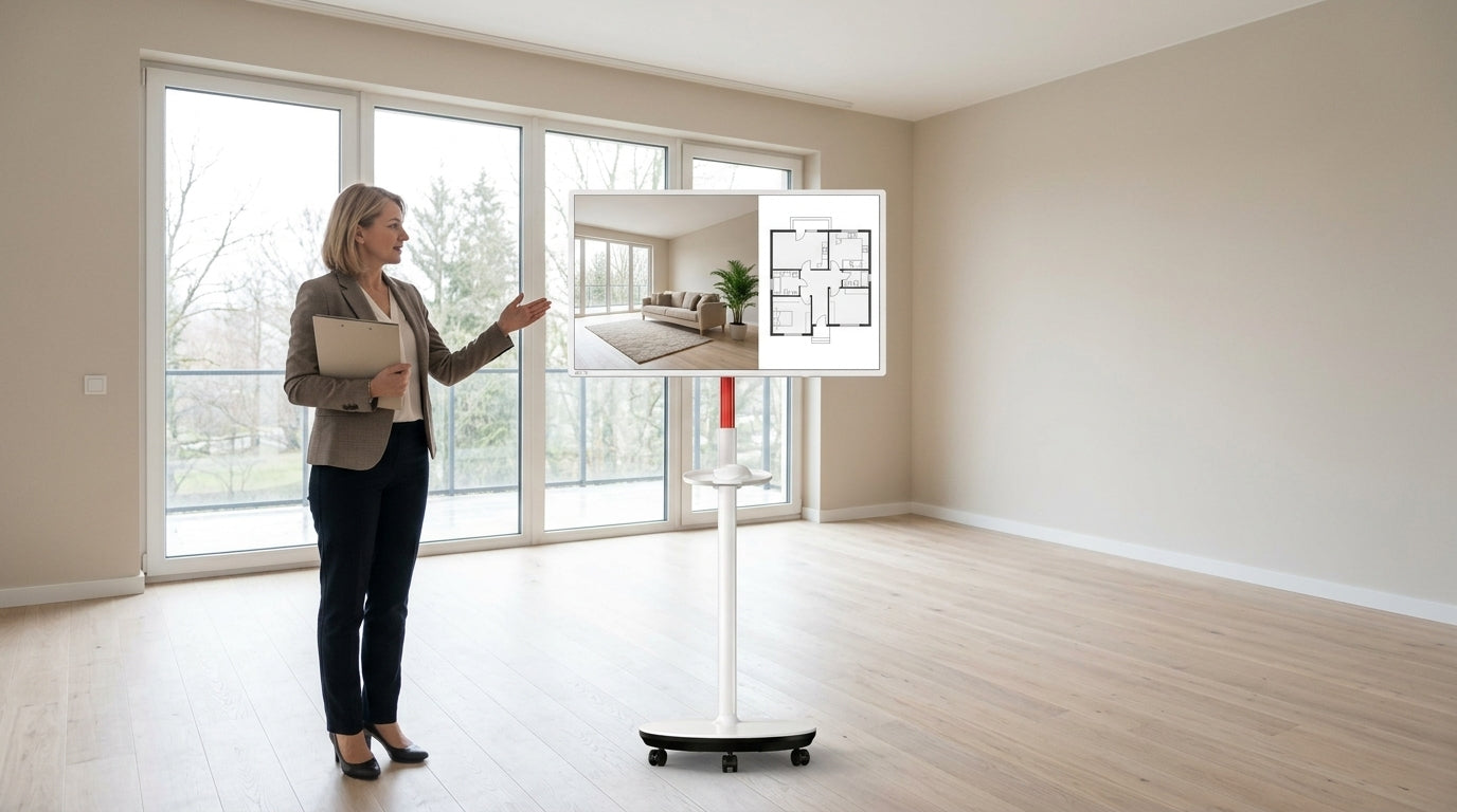 Realtor rolling a 32-inch 4K touch display through a staged vacant home during an open-house tour