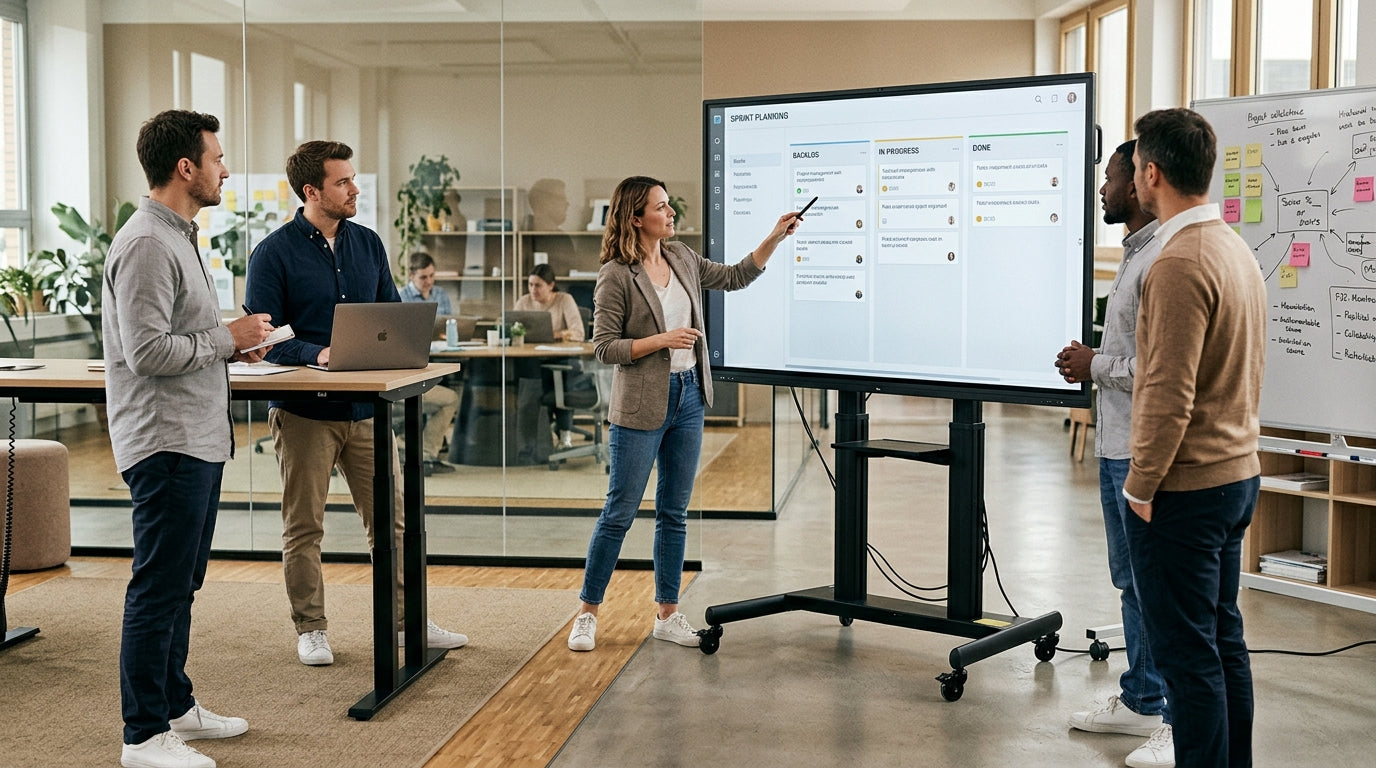 A rolling 4K mobile display being used by a small agile team in a hybrid office stand-up.