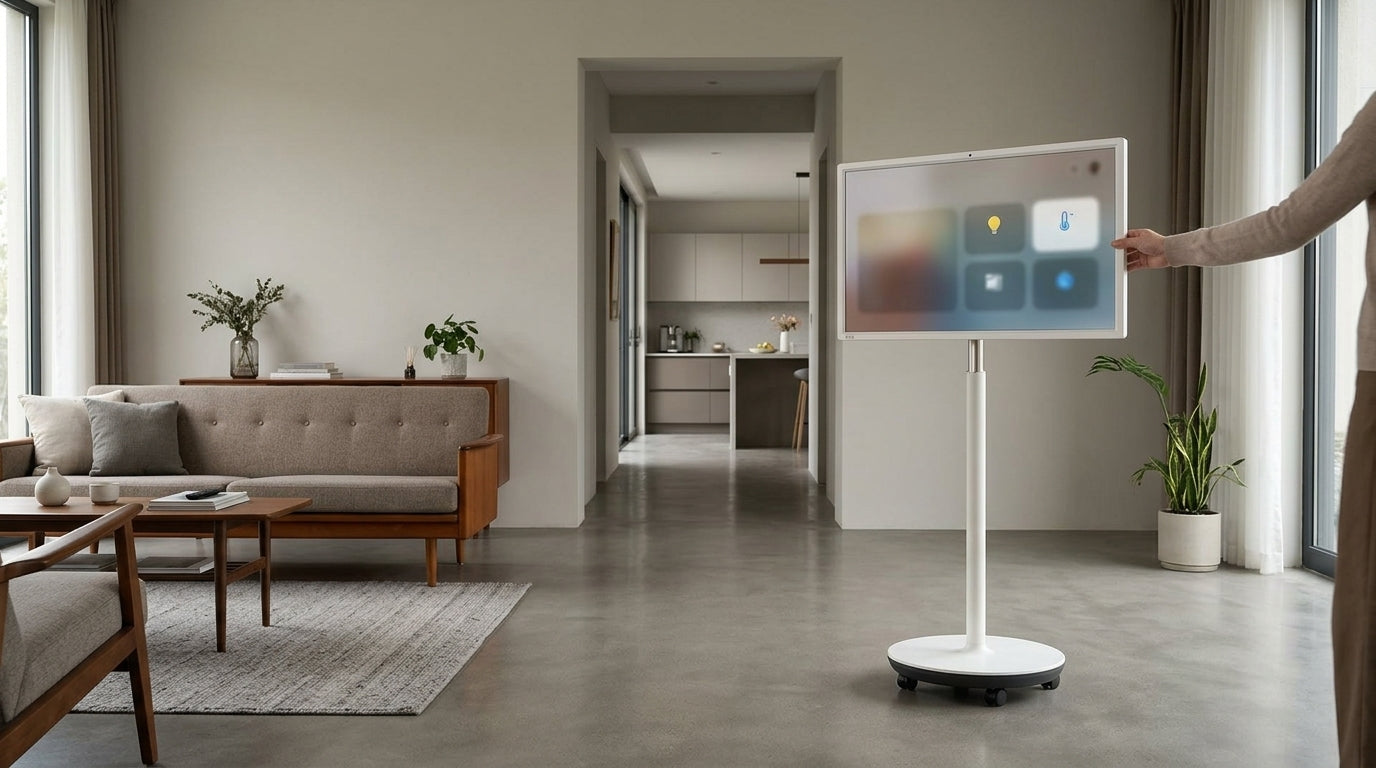 A mobile smart home control display on a rolling stand in a modern living room, showing a home dashboard used to move control between rooms.