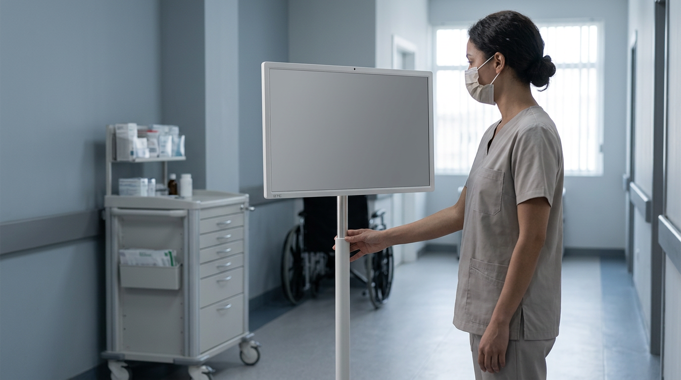 A mobile triage hub in a clinic-like setting with staff reviewing patient flow on a rolling display.