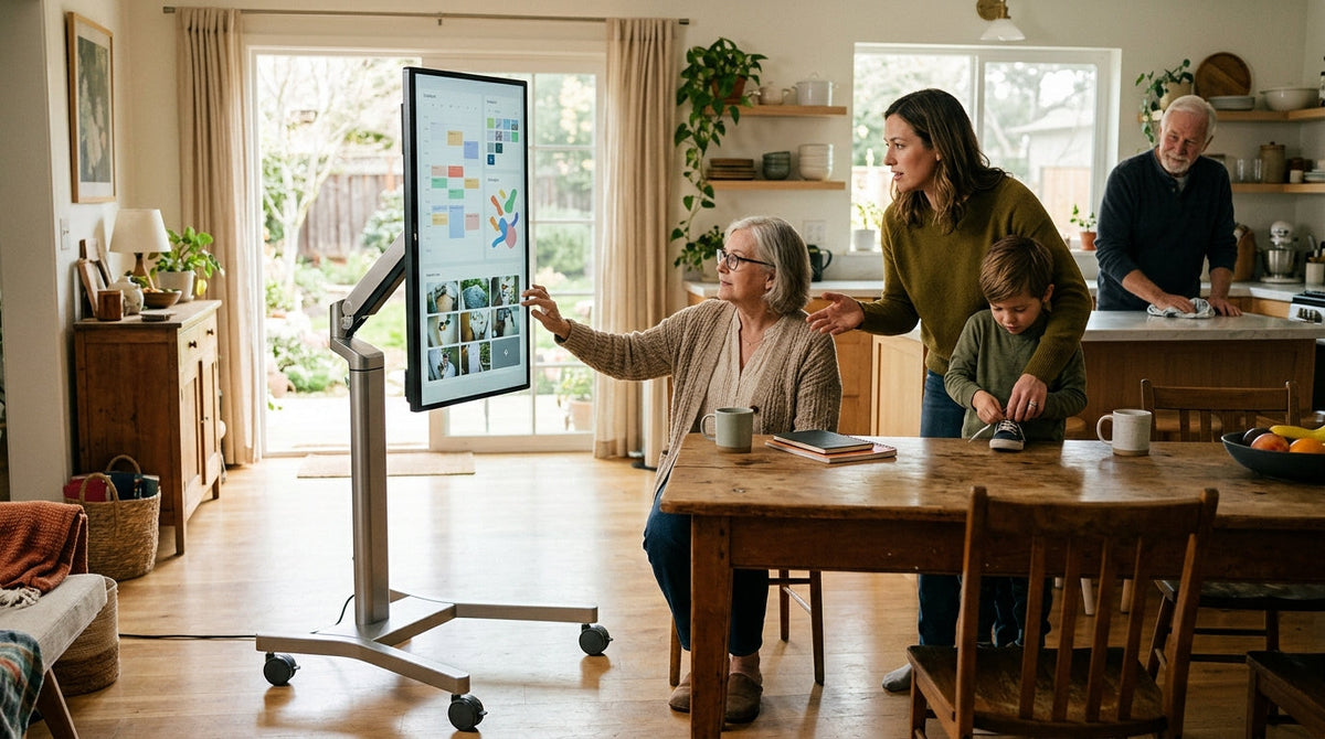 A rolling touch display in a lived-in multigenerational home, shown as a coordination hub for family check-ins and daily planning.
