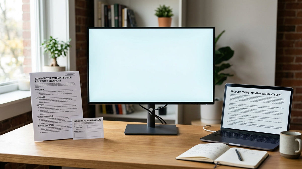 A monitor buyer reviewing warranty terms, return policy, and support contact details on a desk.