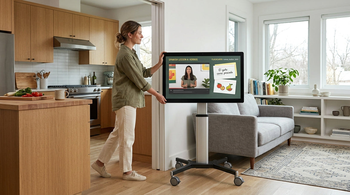 A rolling smart display used as a mobile language-learning hub in a home setting