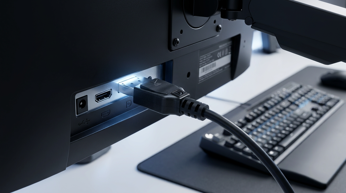 High-refresh gaming desk with a DisplayPort cable connected to a monitor, illustrating cable stability and signal integrity.