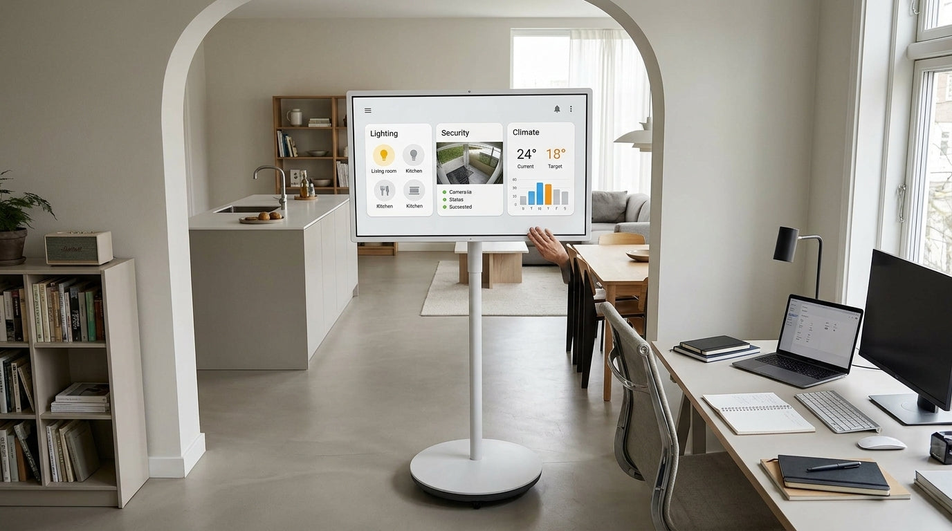 A rolling 32-inch smart touch display moving between rooms in a modern home, used as a smart-home command center.