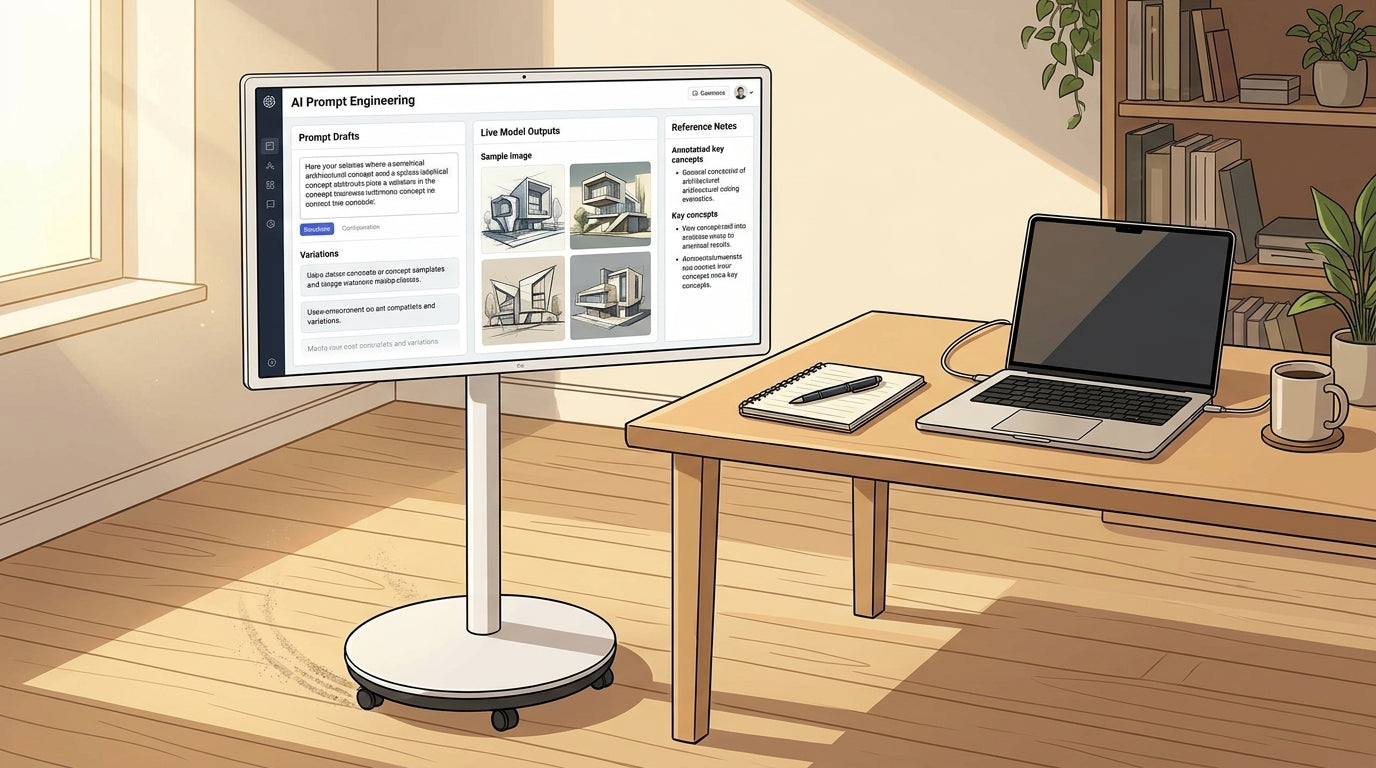 A rolling mobile display beside a laptop, with prompt drafts and model outputs arranged for iterative AI work