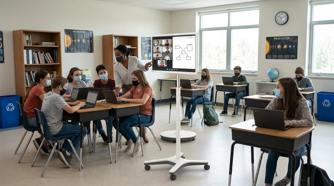 A rolling classroom display in a bright K-12 classroom as a teacher and students use it for a hybrid lesson.