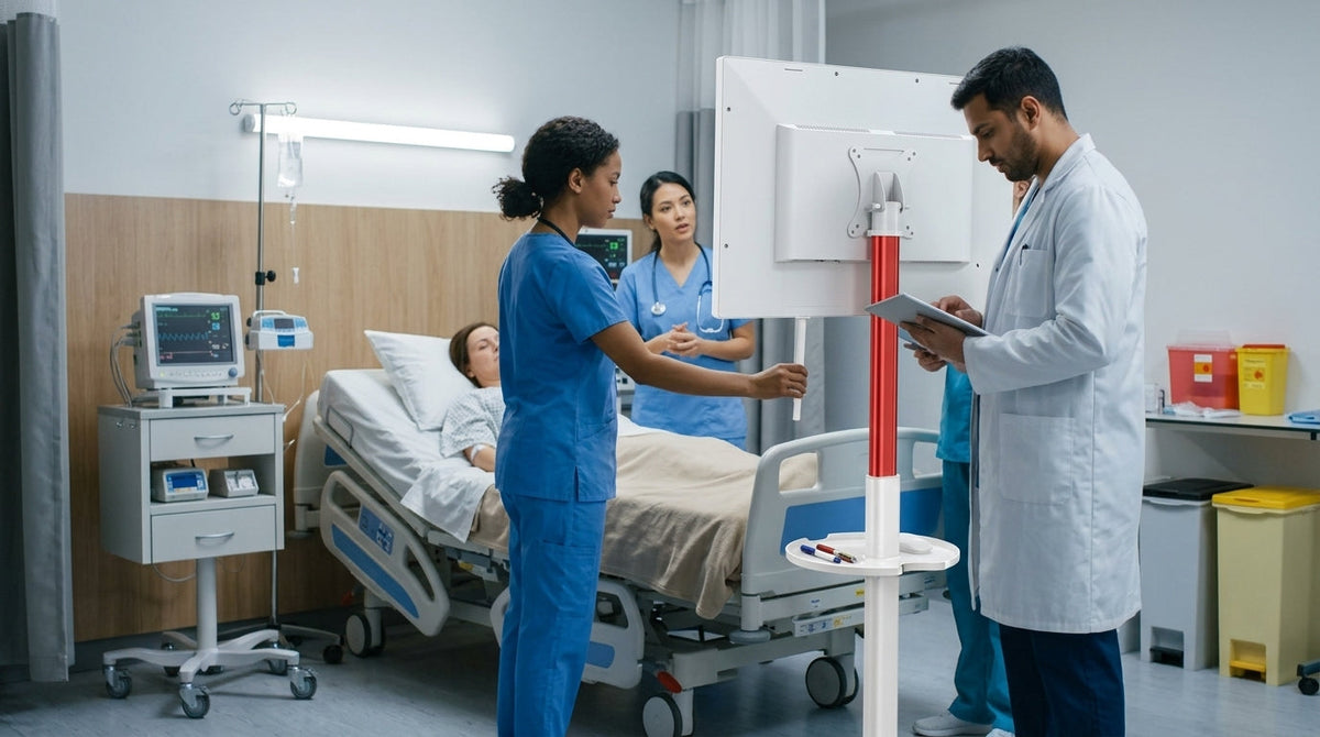 Healthcare staff reviewing a rolling smart display beside a patient bed