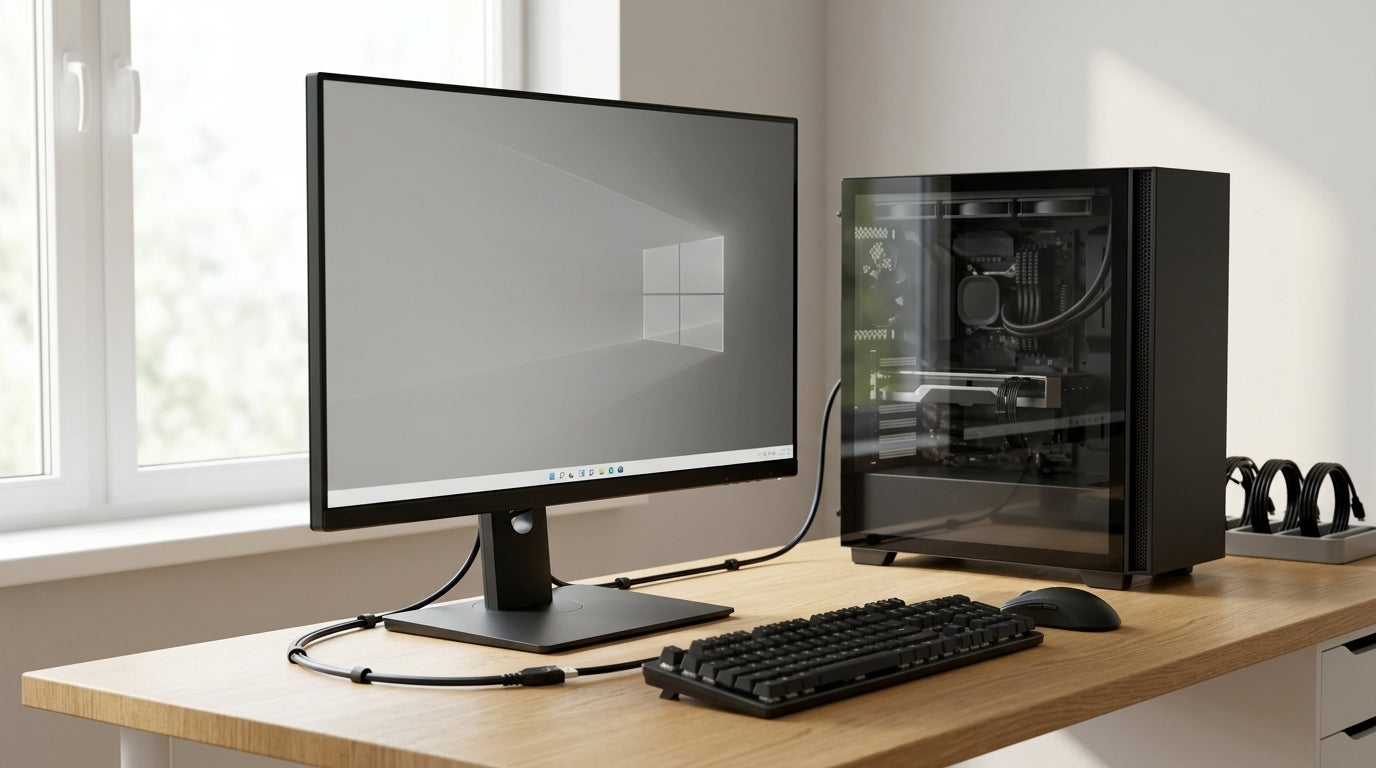 A clean desktop with a DisplayPort cable connected between a GPU and a high-refresh monitor.