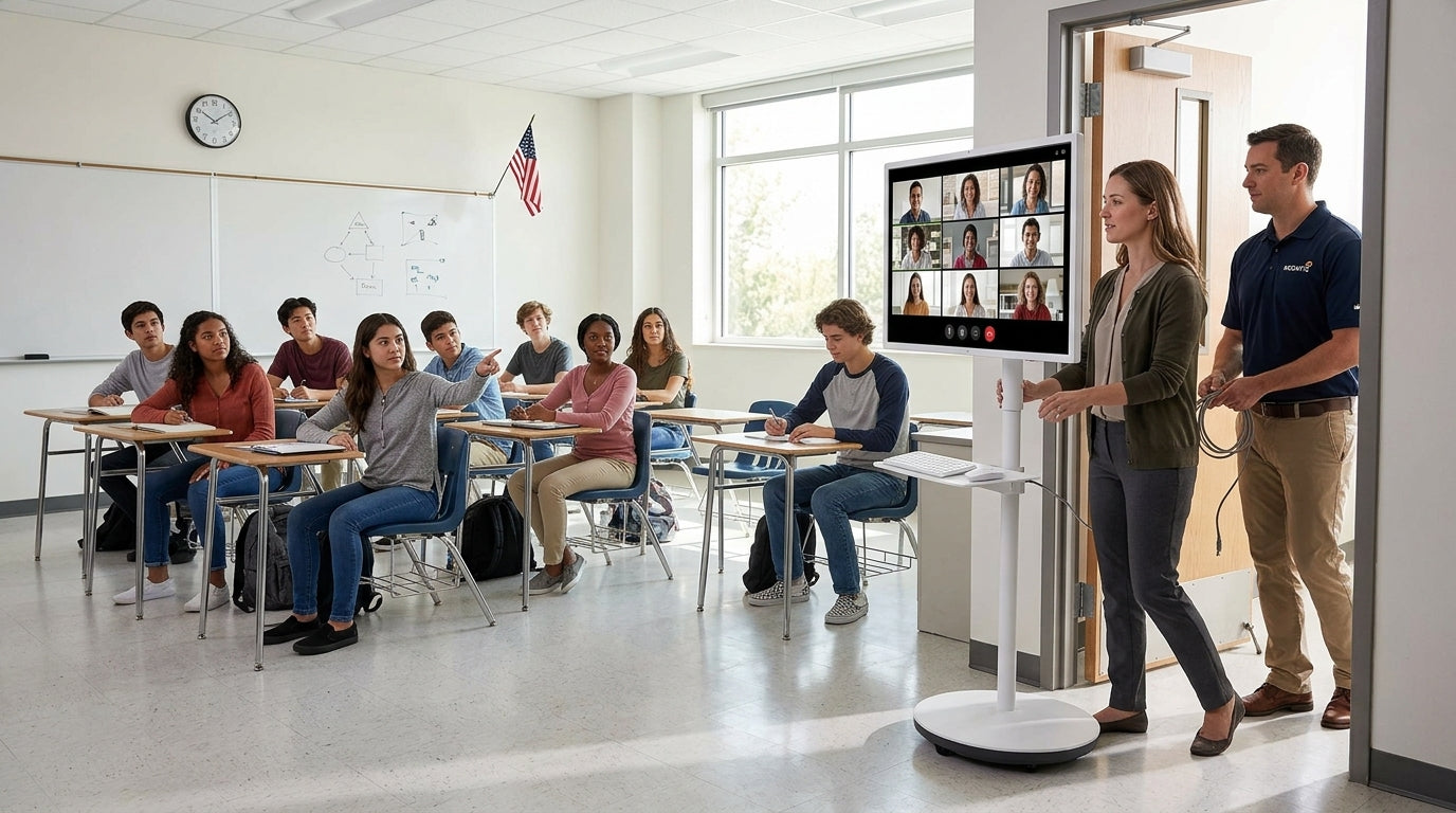 Rolling smart display being moved into a hybrid classroom with teacher and remote participants visible