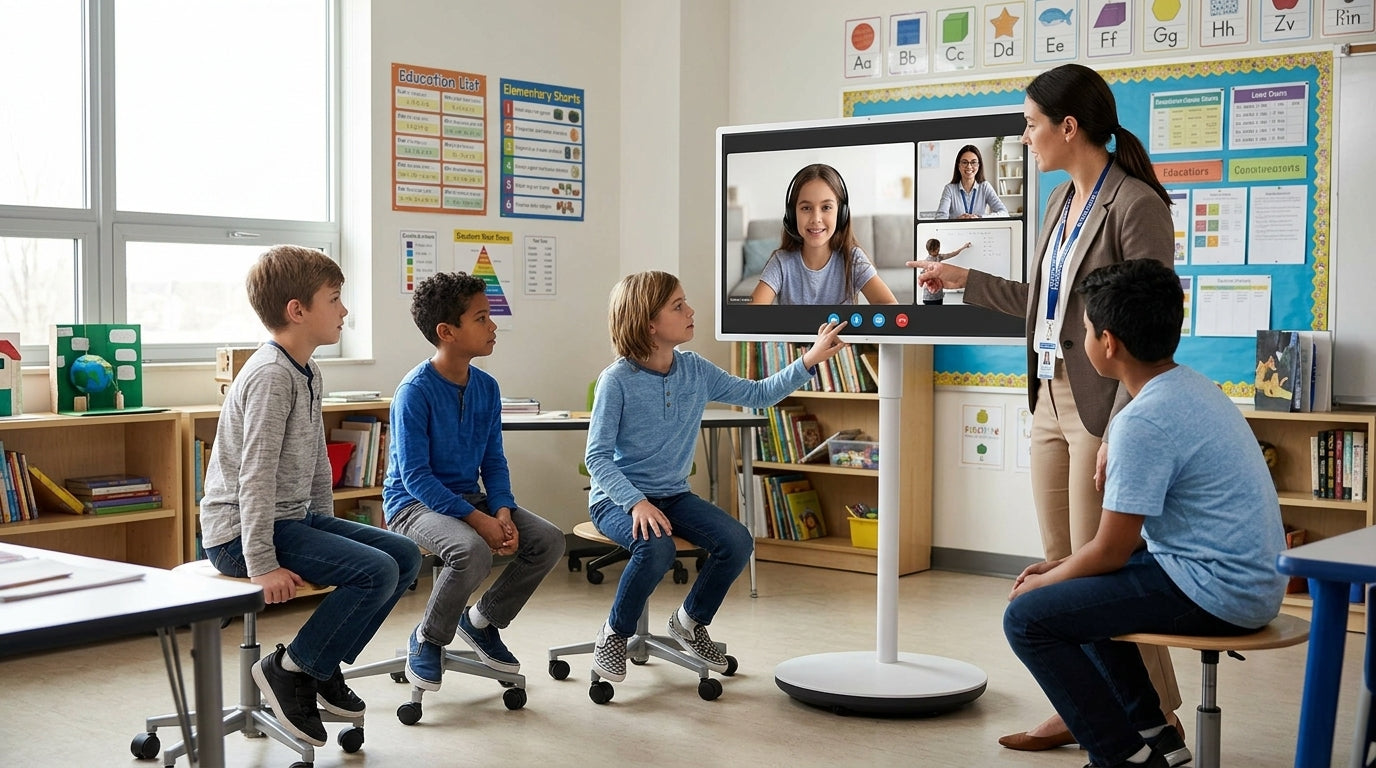 MegPad in a hybrid classroom with a teacher using a rolling smart display for group instruction and remote participation