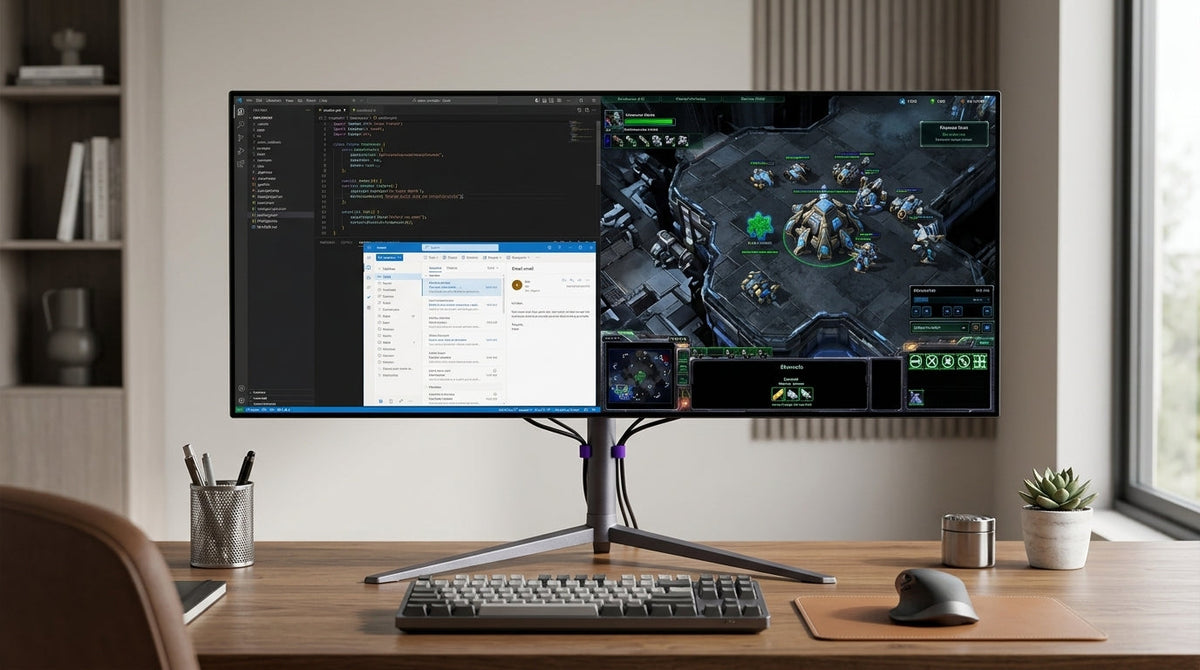 An OLED desktop monitor on a clean PC desk with gaming and productivity windows, showing the contrast between mixed use and static UI risk.