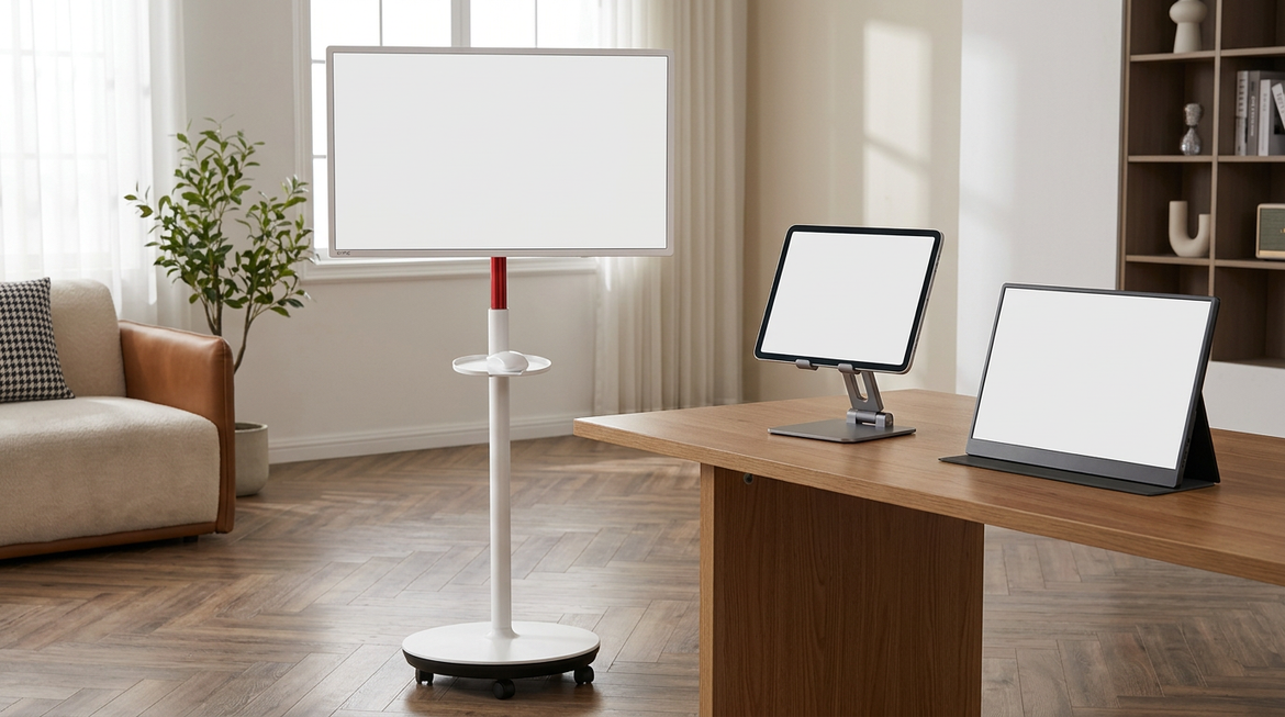 Rolling smart display compared with a tablet and portable monitor in a home setting