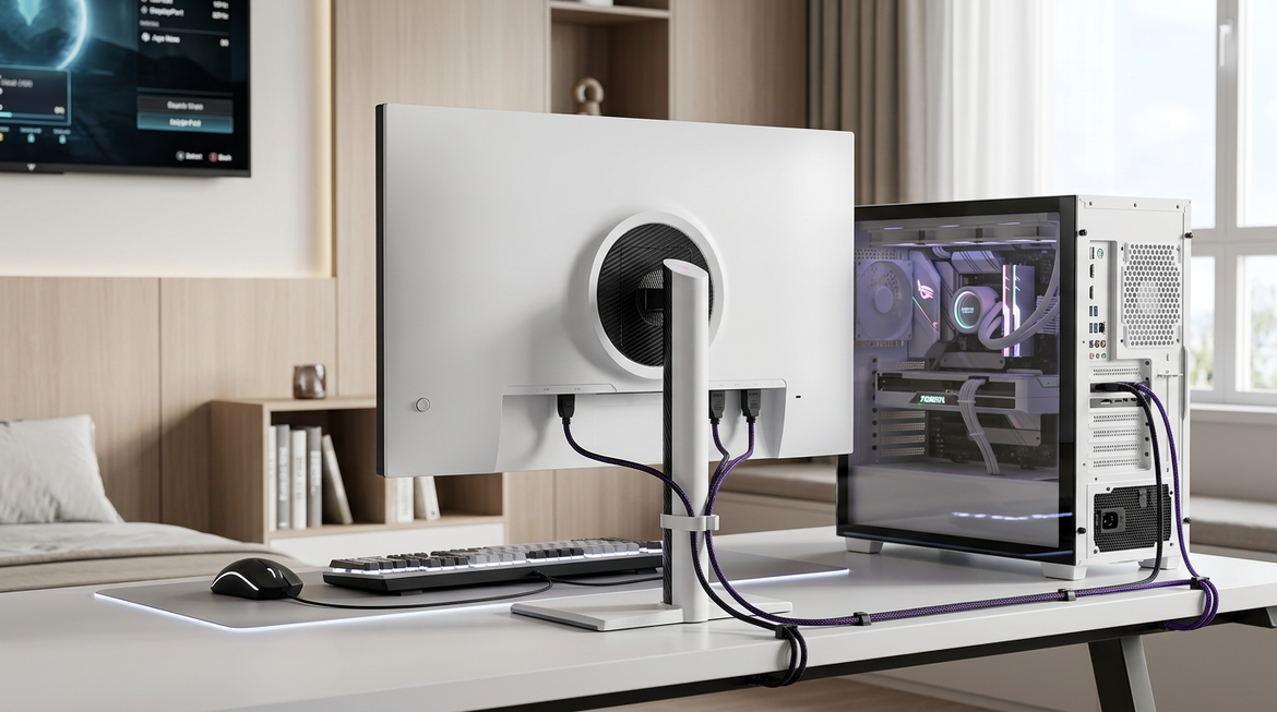 A modern gaming desk with a PC tower connected to a 4K high-refresh monitor and tidy cables