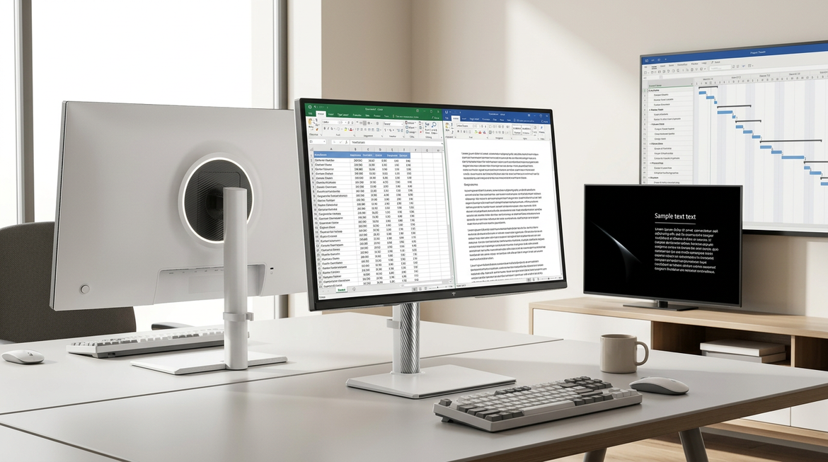 Bright office desk with a Mini-LED monitor showing spreadsheets and documents, with subtle comparison cues for OLED and high-resolution office displays